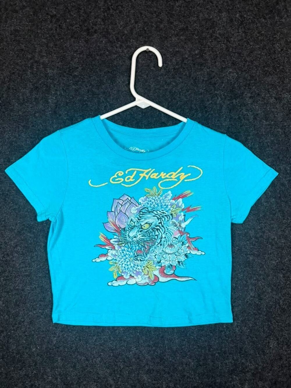 Ed Hardy Girls Large Blue Tiger Graphic T-Shirt Short Sleeve Cotton Blend Blue - Picture 1 of 4